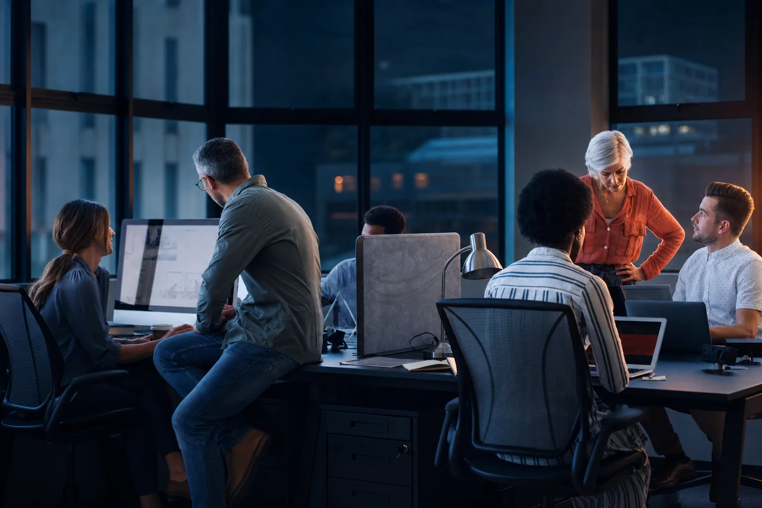 An agency team collaborating in a modern office with UnifiedCRM cyan and orange accents