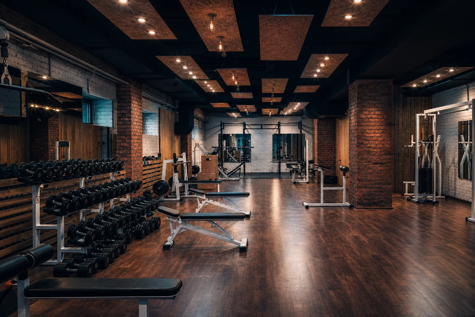 An independent fitness gym styled in UnifiedCRM navy, cyan, and orange