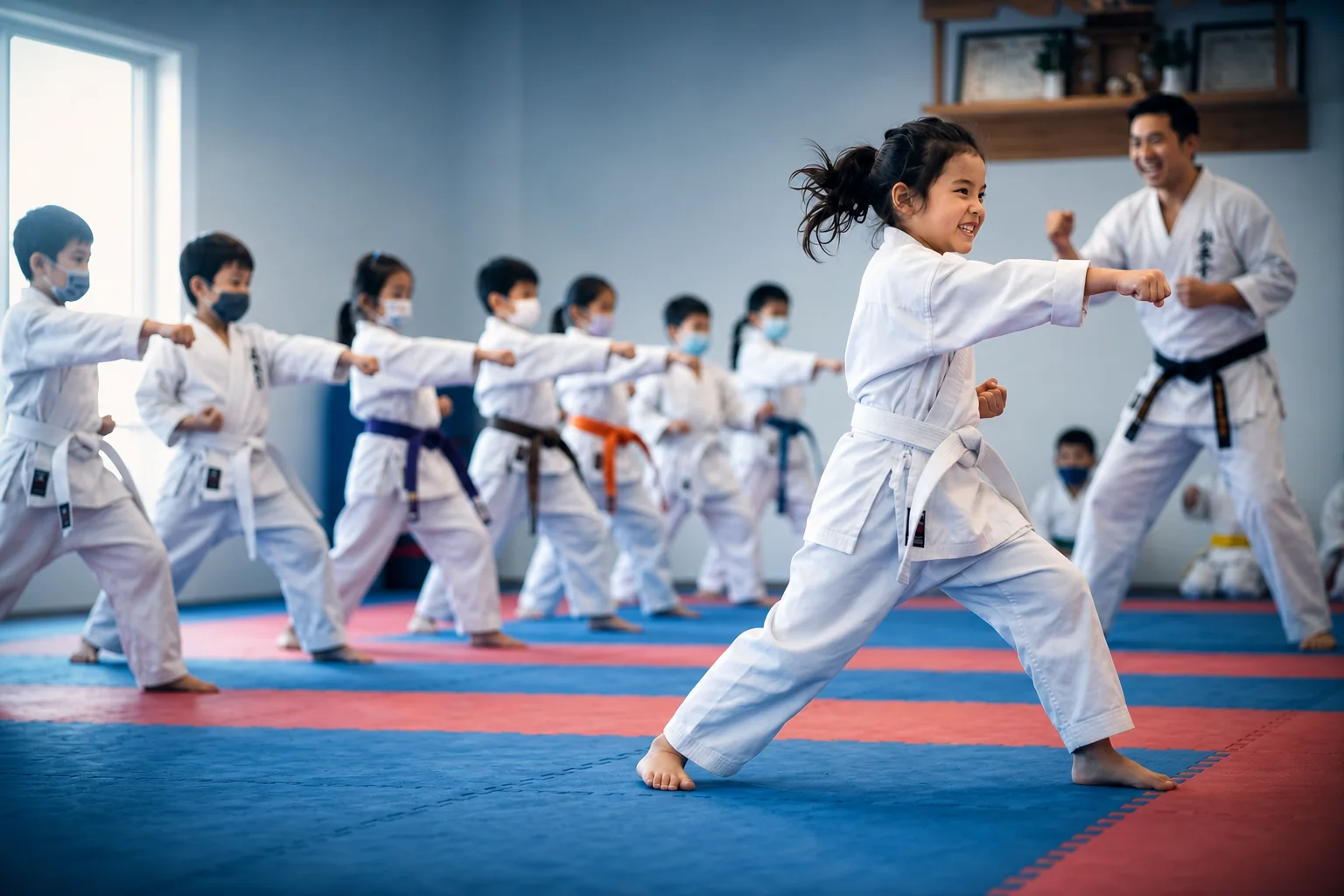 Children training in a martial arts class under UnifiedCRM navy, cyan, and orange lighting