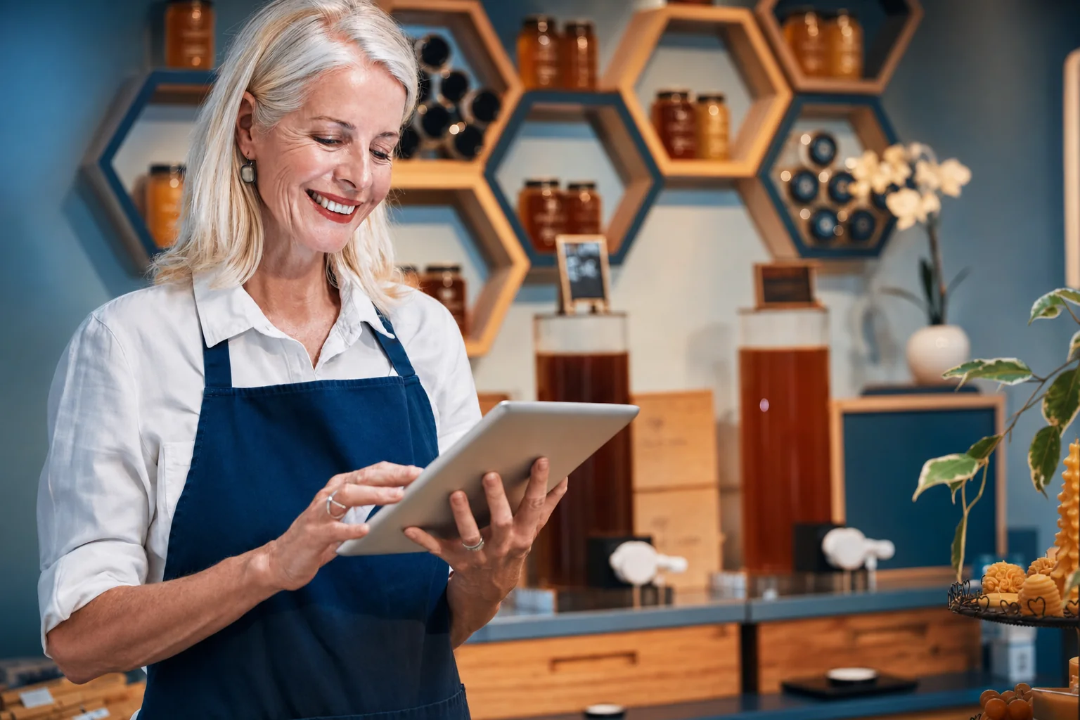 A small business owner using a tablet in a shop styled with UnifiedCRM navy and orange