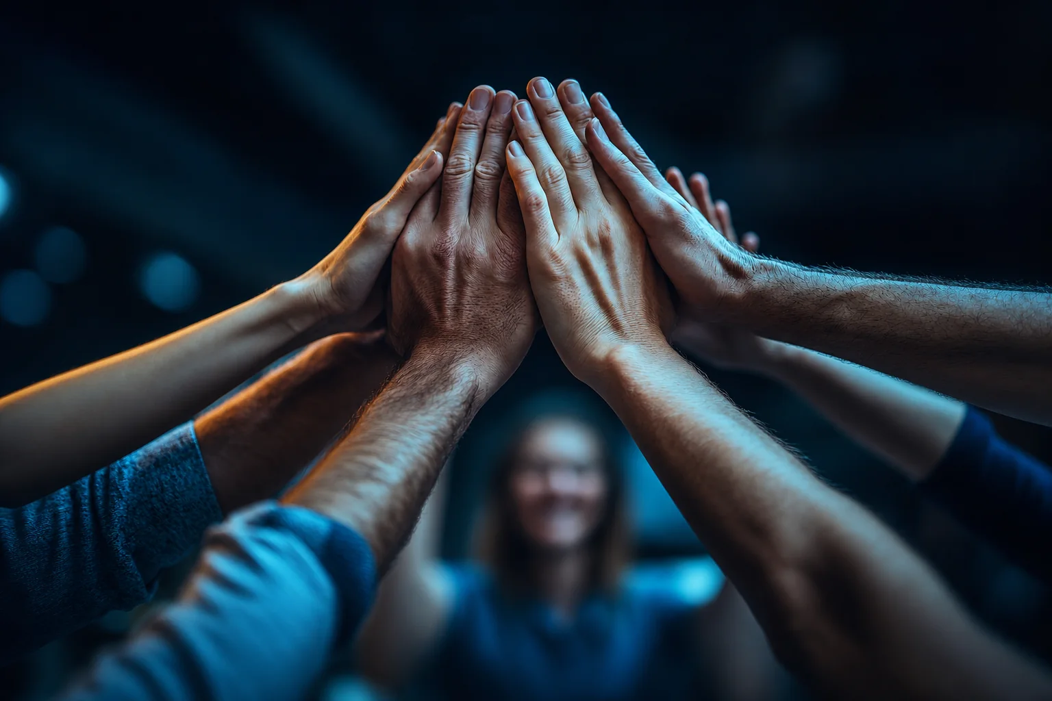 A team joining hands under UnifiedCRM cyan and orange lighting